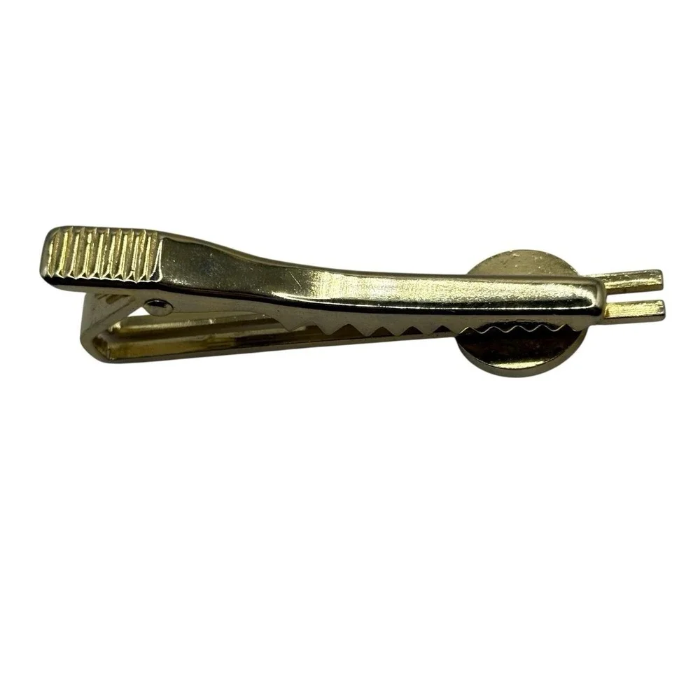 Tie Clip Bar Gold Tone White Enamel Round Open Lines Classic VTG Minimalist Mens